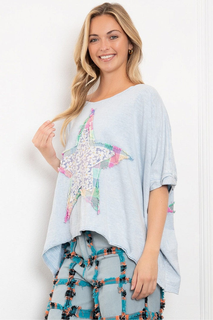 Star Design Layered Patchwork Loose Fit Mineral Washed T-Shirt with High Low Hemline