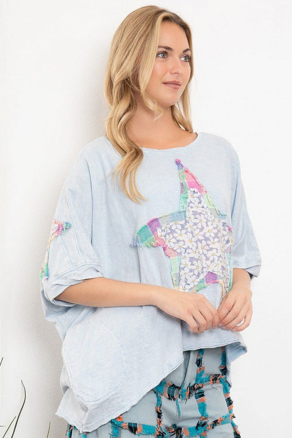 Star Design Layered Patchwork Loose Fit Mineral Washed T-Shirt with High Low Hemline