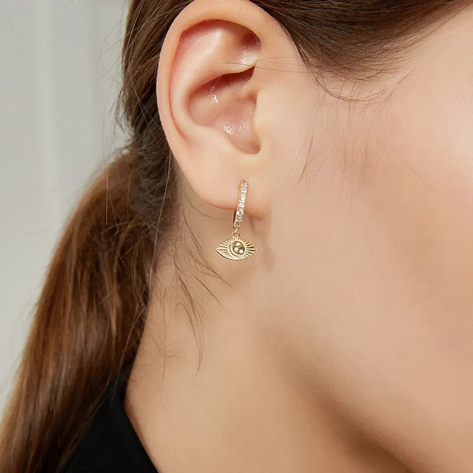 Statement Hoop Earrings with Dangling Starry Eye Charm 14K Gold Plated Sterling Silver
