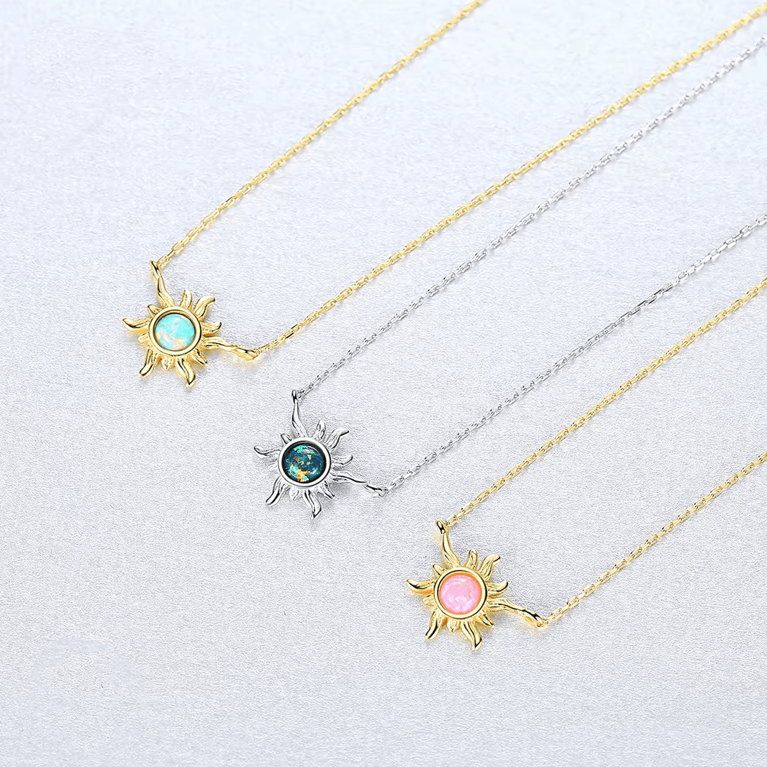 Sterling Silver or Gold Plated Opal Sun Shape Necklace