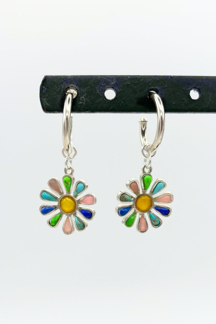 Sterling Silver Set Genuine Stone Daisy Flower Charm Open Small Hoop Earrings