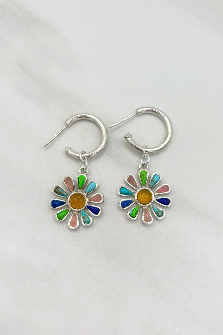 Sterling Silver Set Genuine Stone Daisy Flower Charm Open Small Hoop Earrings