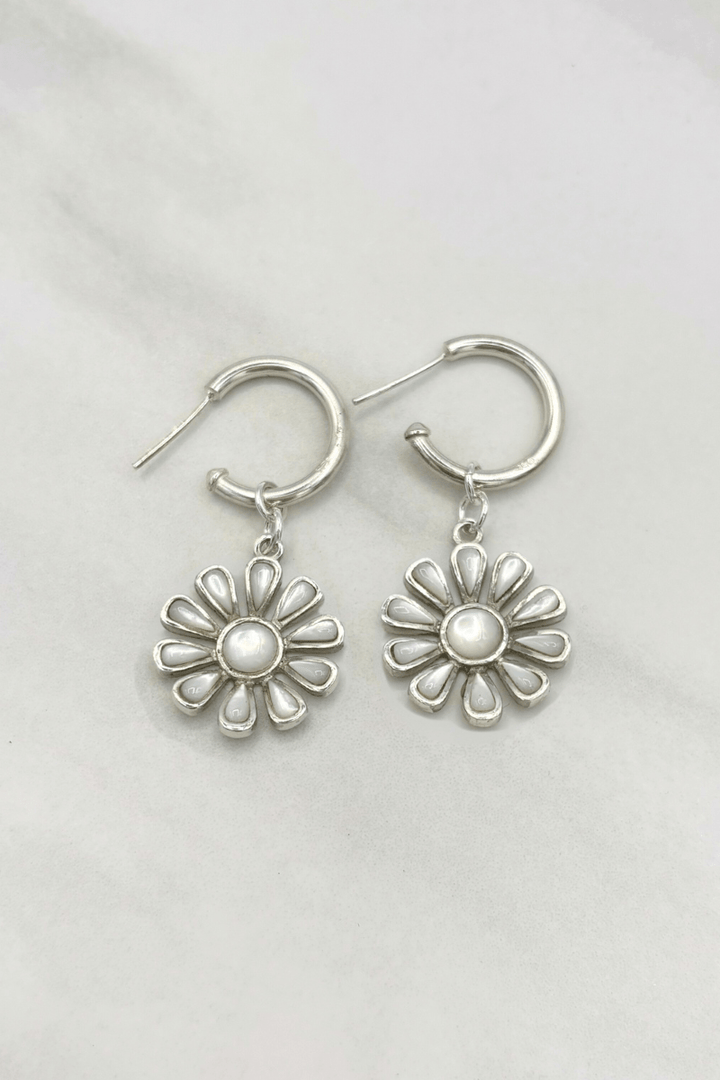 Sterling Silver Set Genuine Stone Daisy Flower Charm Open Small Hoop Earrings