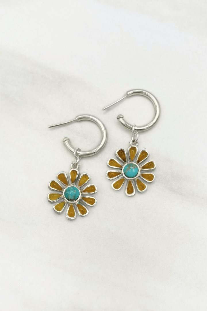 Sterling Silver Set Genuine Stone Daisy Flower Charm Open Small Hoop Earrings