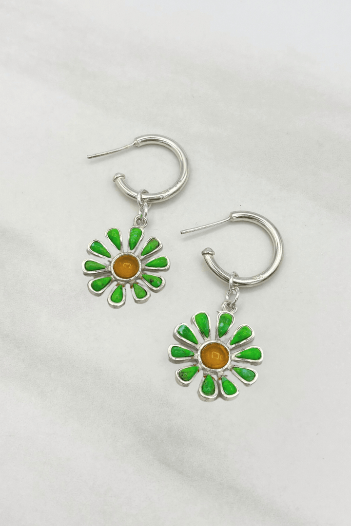 Sterling Silver Set Genuine Stone Daisy Flower Charm Open Small Hoop Earrings