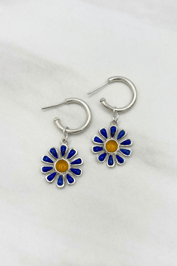 Sterling Silver Set Genuine Stone Daisy Flower Charm Open Small Hoop Earrings