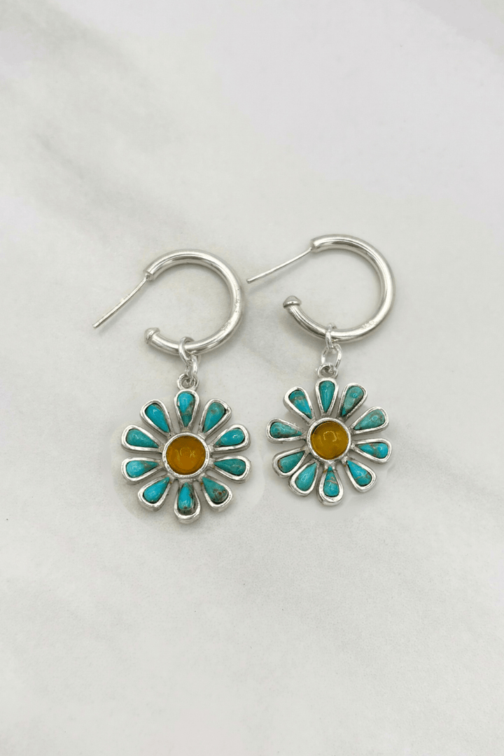 Sterling Silver Set Genuine Stone Daisy Flower Charm Open Small Hoop Earrings