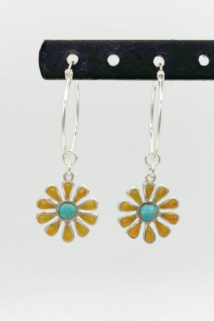 Sterling Silver Set Genuine Stone Daisy Flower Clasp 1" Hoop Earrings