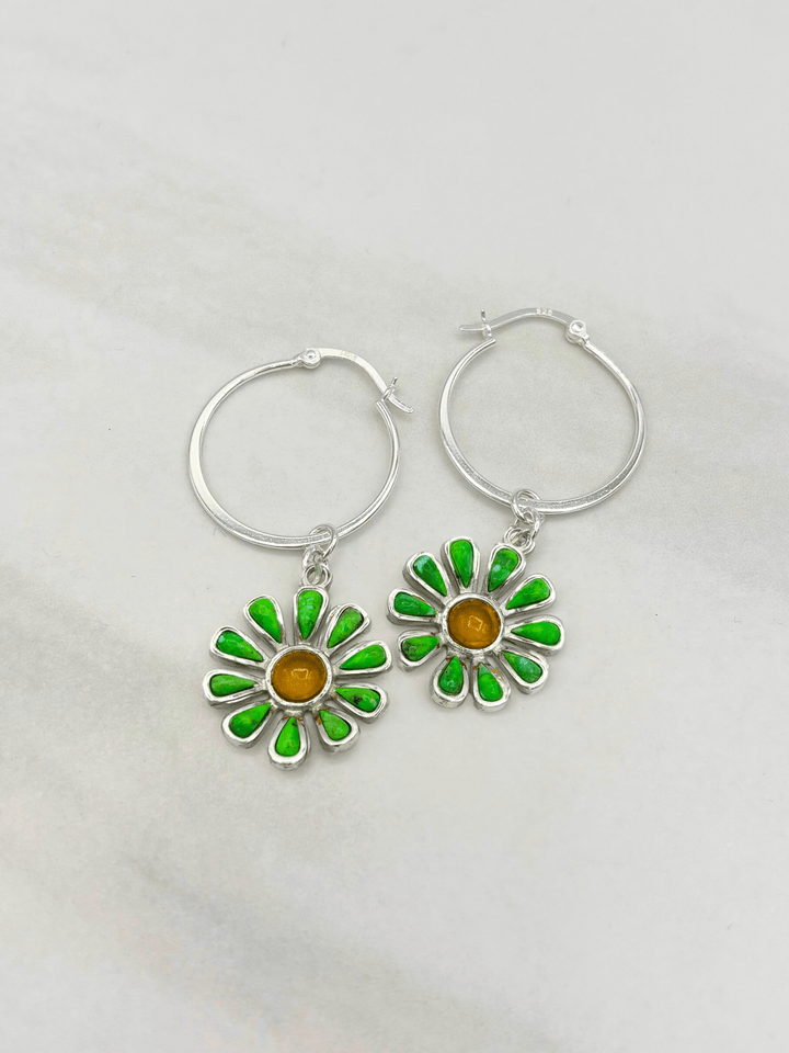 Sterling Silver Set Genuine Stone Daisy Flower Clasp 1" Hoop Earrings