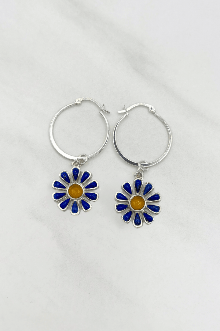 Sterling Silver Set Genuine Stone Daisy Flower Clasp 1" Hoop Earrings