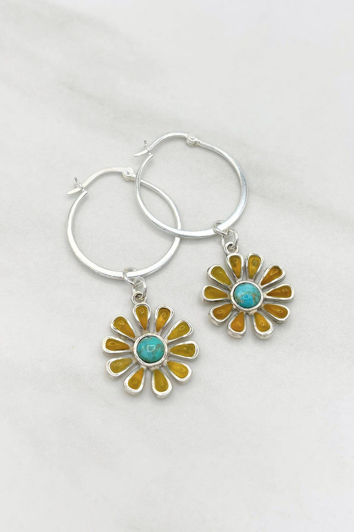 Sterling Silver Set Genuine Stone Daisy Flower Clasp 1" Hoop Earrings