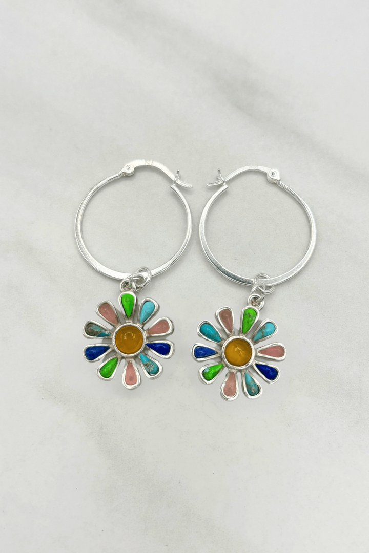 Sterling Silver Set Genuine Stone Daisy Flower Clasp 1" Hoop Earrings