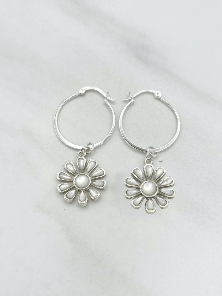 Sterling Silver Set Genuine Stone Daisy Flower Clasp 1" Hoop Earrings