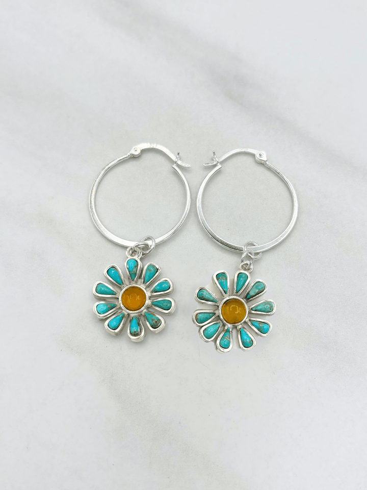 Sterling Silver Set Genuine Stone Daisy Flower Clasp 1" Hoop Earrings