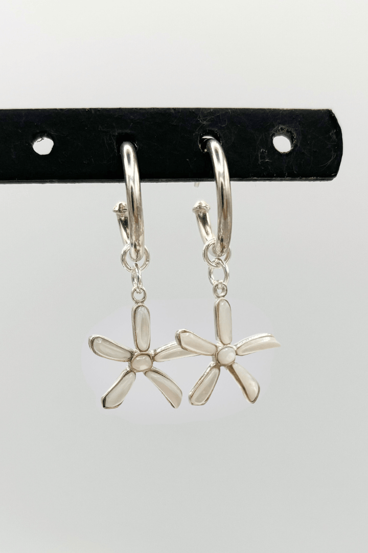 Sterling Silver Set Genuine Stone Flower Charm Open Small Hoop Earrings