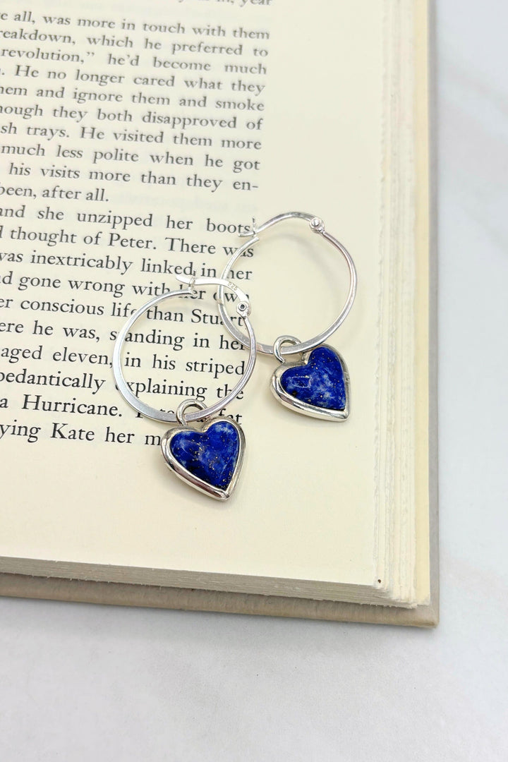 Sterling Silver Set Genuine Stone Heart Clasp 1" Hoop Earrings