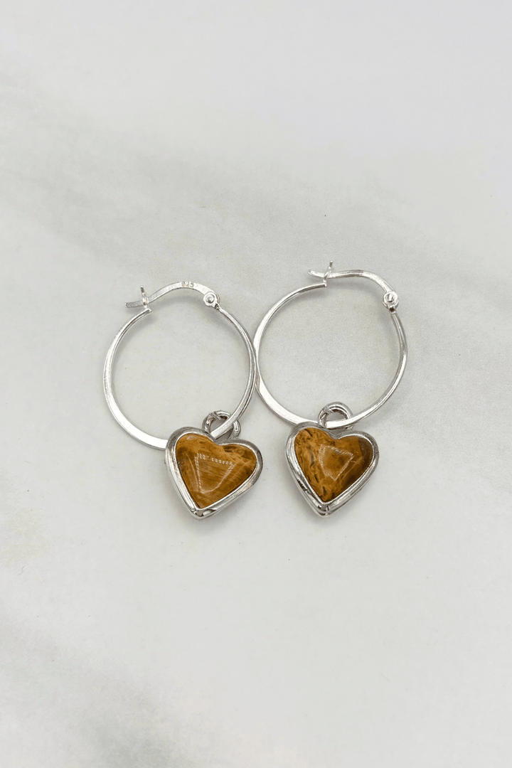 Sterling Silver Set Genuine Stone Heart Clasp 1" Hoop Earrings