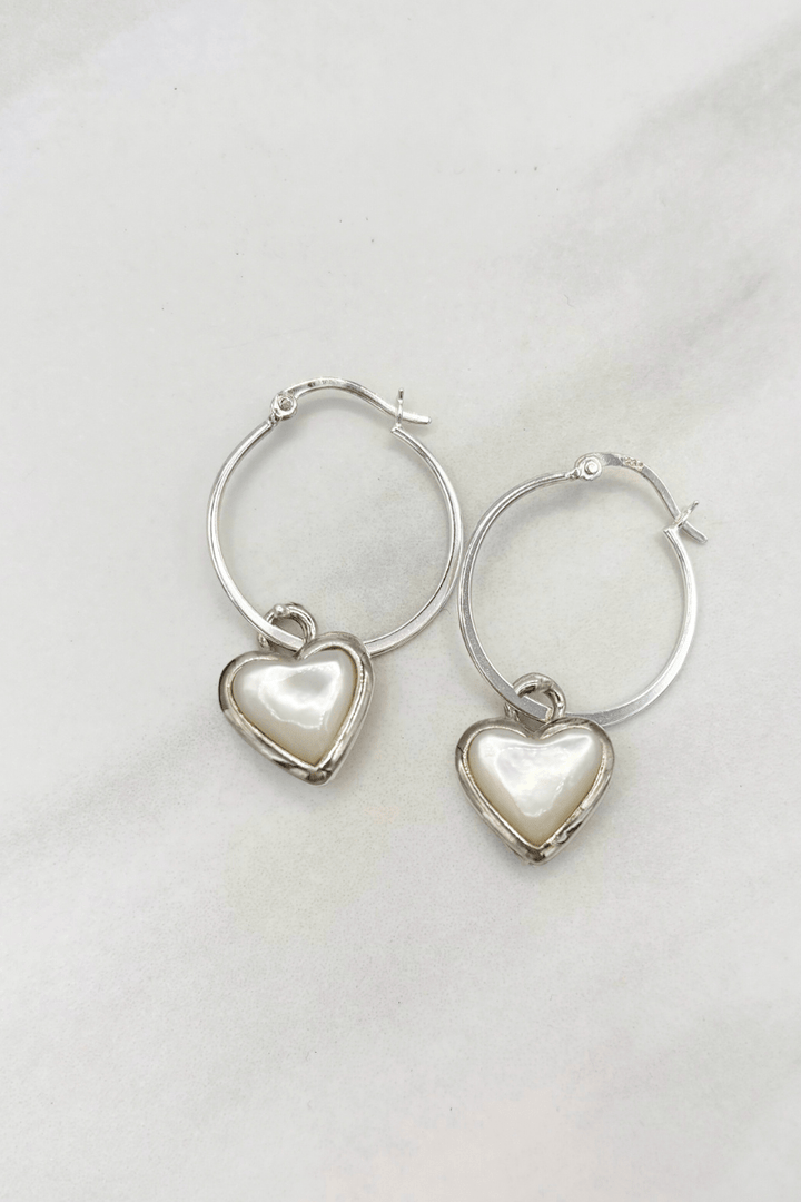 Sterling Silver Set Genuine Stone Heart Clasp 1" Hoop Earrings