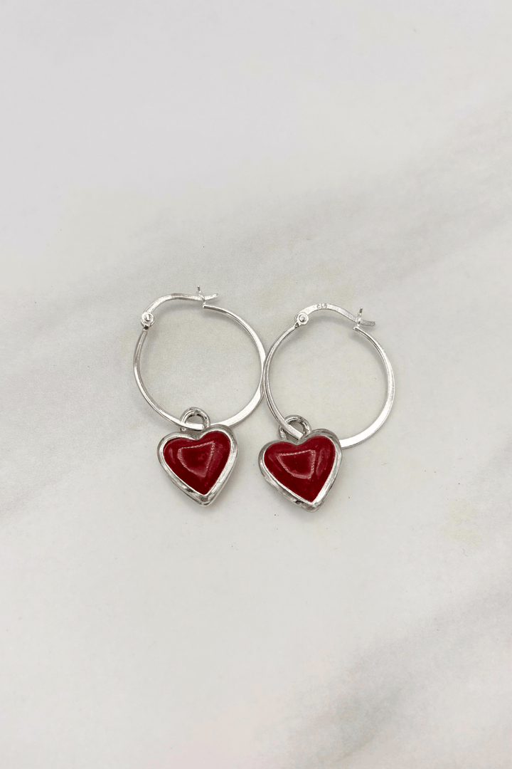 Sterling Silver Set Genuine Stone Heart Clasp 1" Hoop Earrings