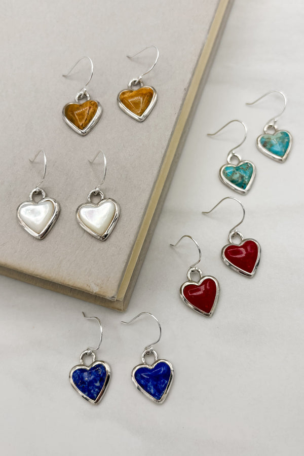 Sterling Silver Set Genuine Stone Heart Dangle Earrings