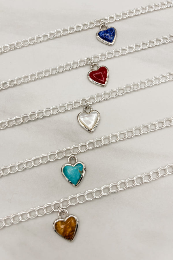 Sterling Silver Set Genuine Stone Heart Double Link Chain Bracelet