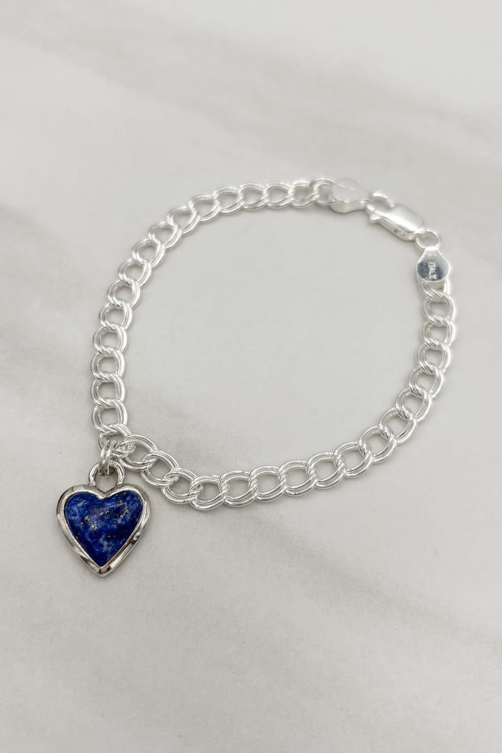 Sterling Silver Set Genuine Stone Heart Double Link Chain Bracelet