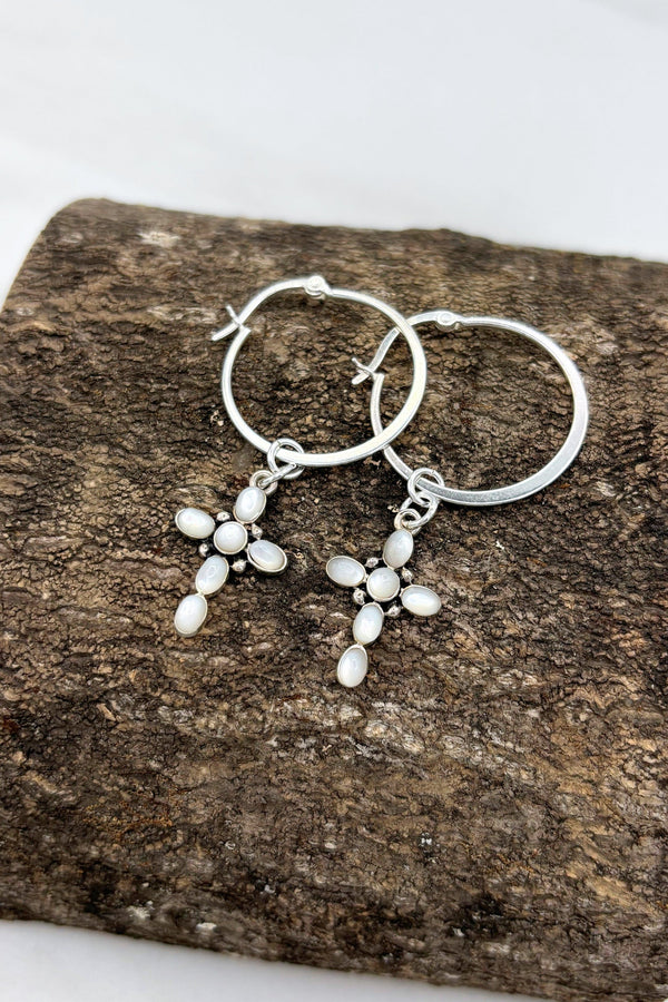 Sterling Silver Set Genuine Stone Small Bubble Cross 1" Clasp Hoop Earrings