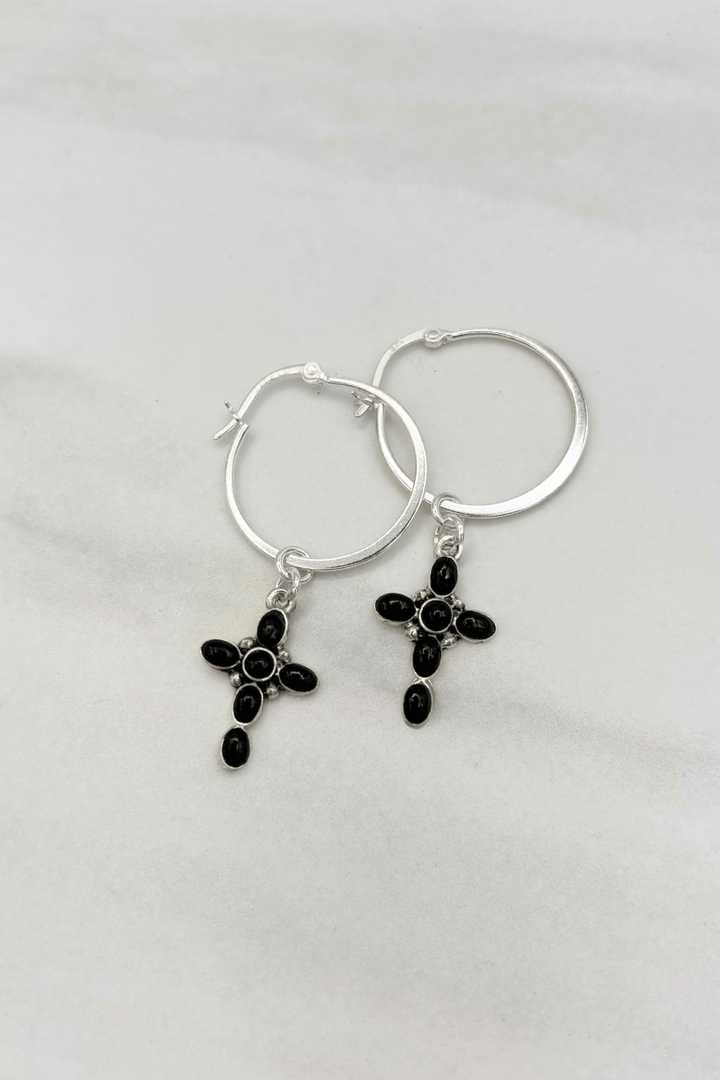 Sterling Silver Set Genuine Stone Small Bubble Cross 1" Clasp Hoop Earrings