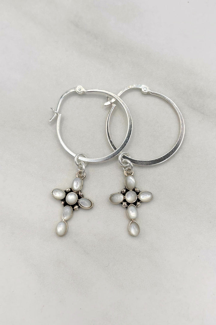 Sterling Silver Set Genuine Stone Small Bubble Cross 1" Clasp Hoop Earrings