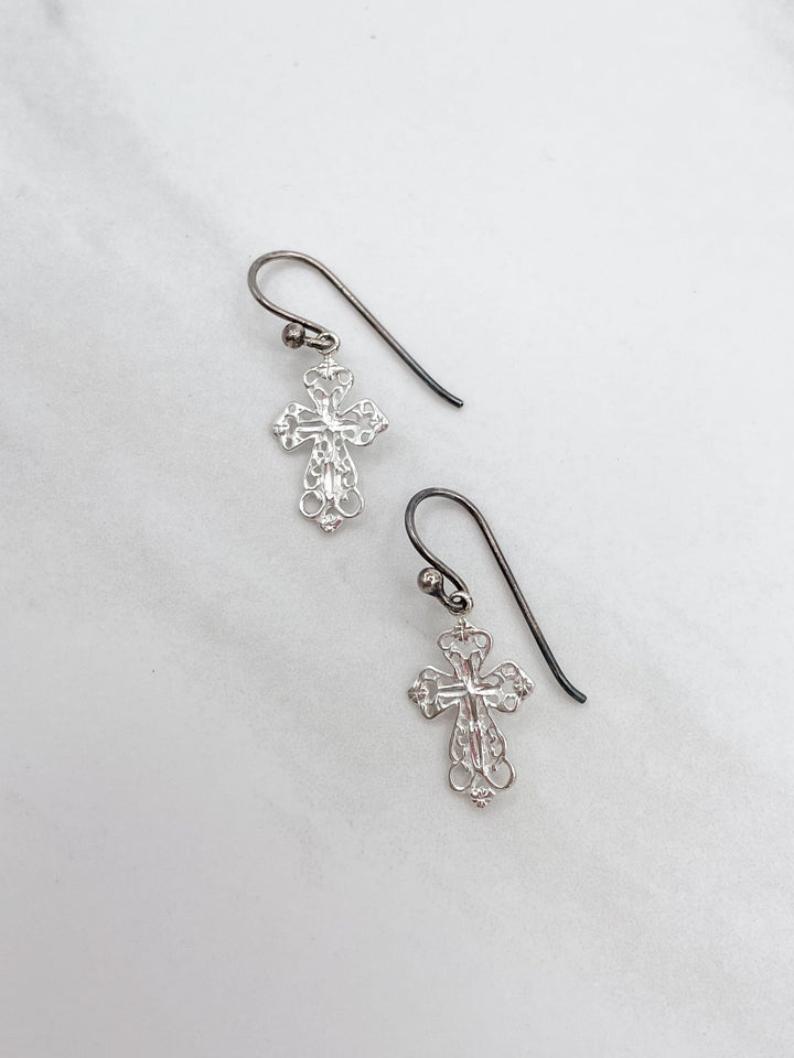 Sterling Silver Small Ornate Cross Earrings