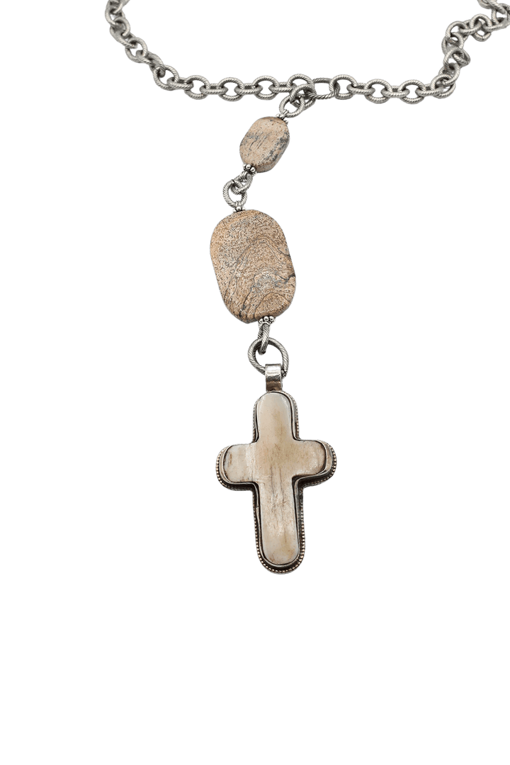 Stone and Cross Long Statement Necklace