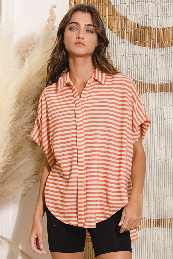 Stripe Print Short Dolman Sleeve Loose Fit Button Down Top