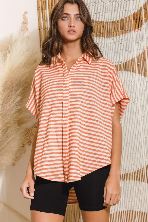 Stripe Print Short Dolman Sleeve Loose Fit Button Down Top