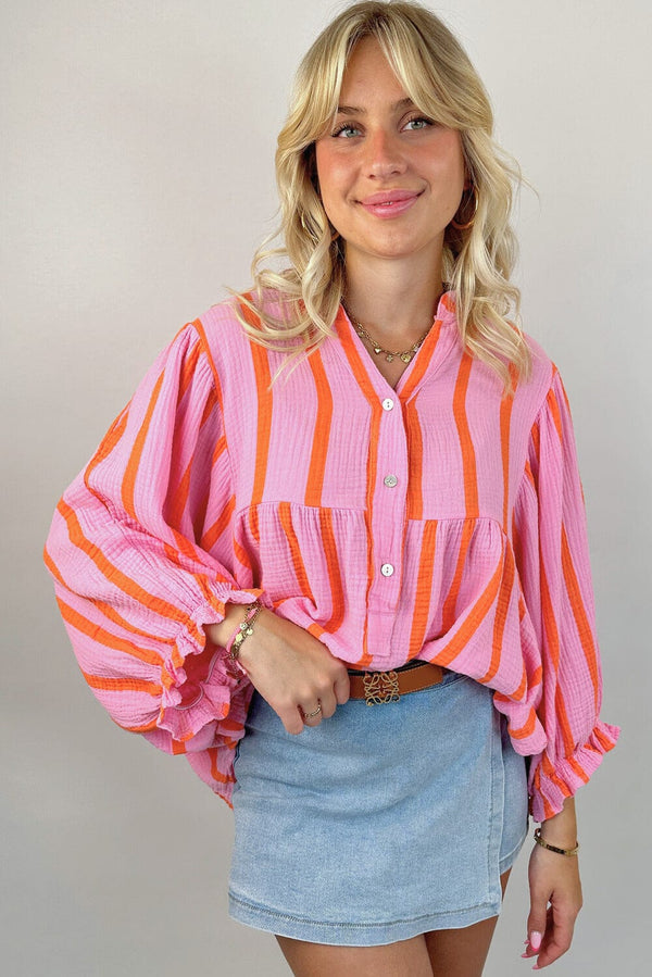 Striped Peplum Style Cinched Ruffle Sleeve Button Up V-Neck Blouse Top