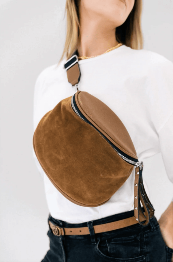 Studded Vegan Leather Loop Zipper Pull U-Shaped Crossbody Bag with Faux Suede Body