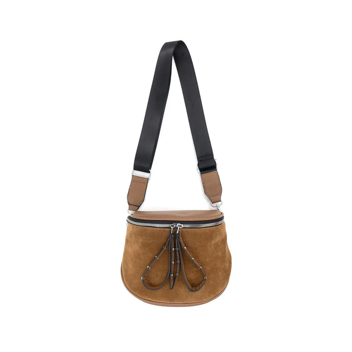 Studded Vegan Leather Loop Zipper Pull U-Shaped Crossbody Bag with Faux Suede Body