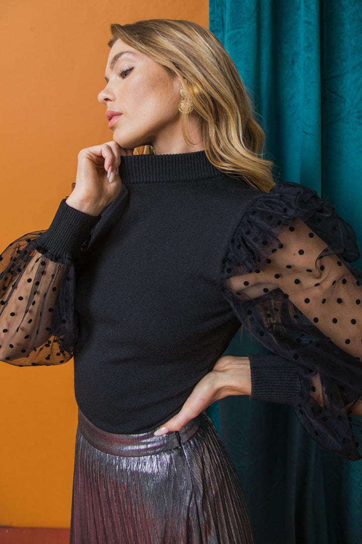 Sweater Knit Top with Mock Neckline and Tulle Sleeves