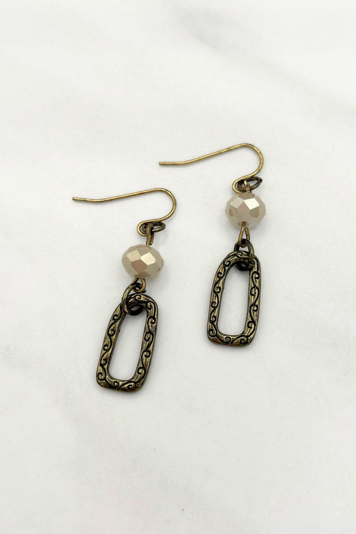 Swirl Etched Archway Shape with Faceted Beads French Hook Dangle Earrings