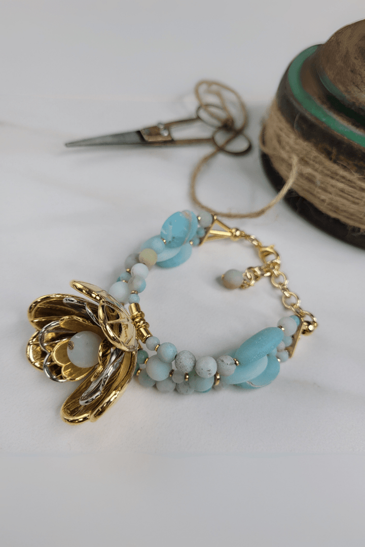 Sylvie Gabrielli Lotus Handmade  Bracelet with Vintage Italian Flower and Amazonite Beads