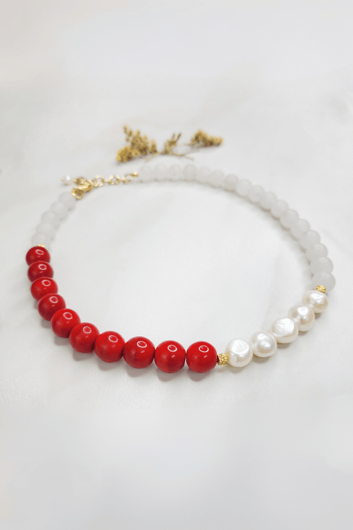 Sylvie Gabrielli Vivace Handmade Necklace with Freshwater Pearls, Frosted Quartz and Vintage Red Beads