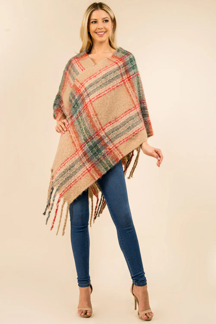Tassel Fringe Plaid Print Wrap Style Poncho