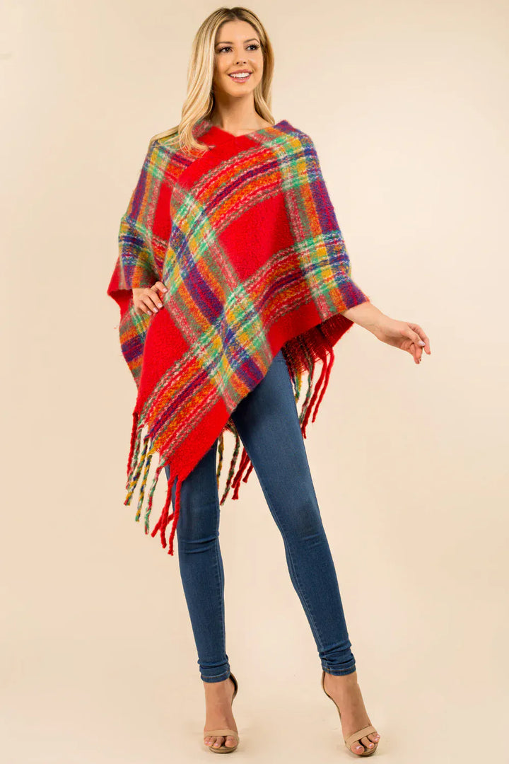 Tassel Fringe Plaid Print Wrap Style Poncho
