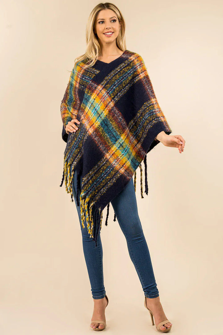 Tassel Fringe Plaid Print Wrap Style Poncho