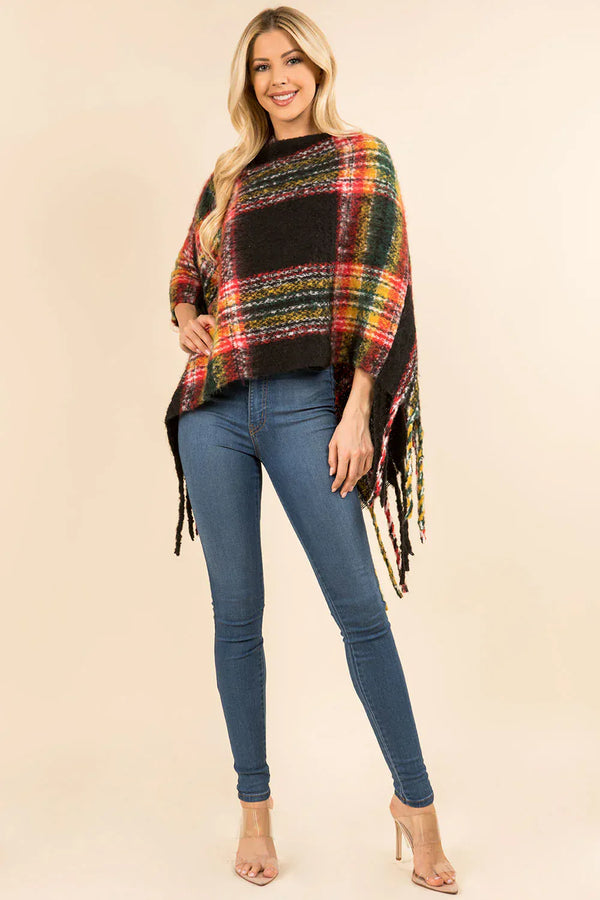 Tassel Fringe Plaid Print Wrap Style Poncho