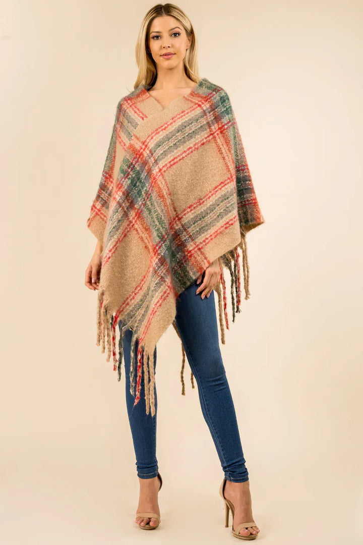 Tassel Fringe Plaid Print Wrap Style Poncho