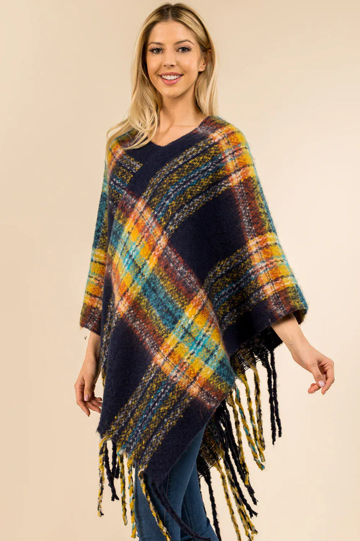 Tassel Fringe Plaid Print Wrap Style Poncho