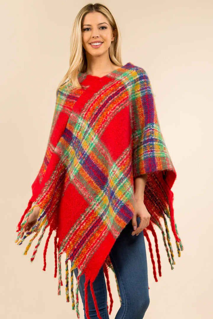 Tassel Fringe Plaid Print Wrap Style Poncho