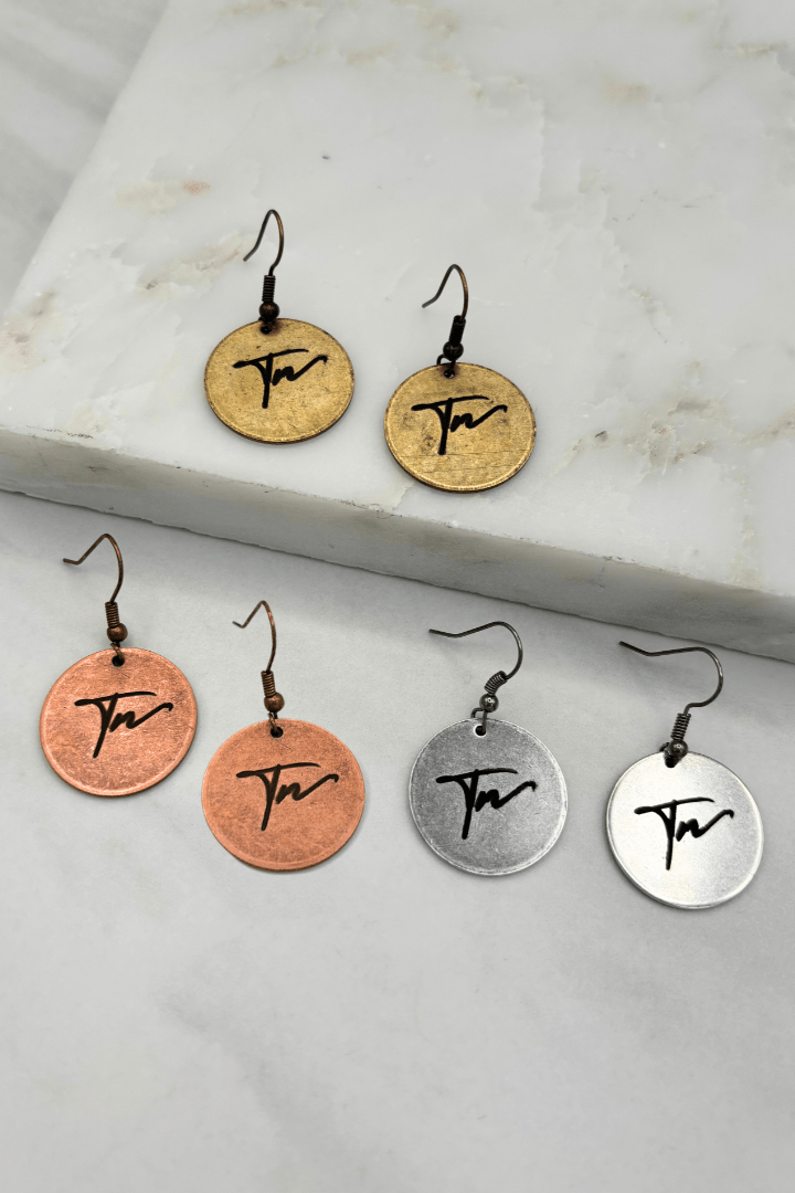 Tennessee "TN" Cursive Script Engraved Coin Dangle Earrings