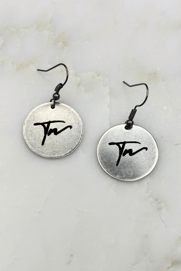 Tennessee "TN" Cursive Script Engraved Coin Dangle Earrings