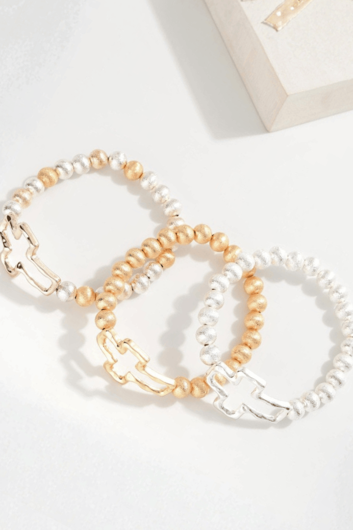 Textured Metal Bead Stretch Bracelet with Hammered Metal Cross